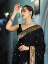 Banarasee Mashru Silk Saree With Zari Motifs & Floral Border-Black