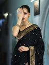 Banarasee Mashru Silk Saree With Zari Motifs & Floral Border-Black