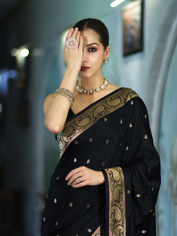 Banarasee Mashru Silk Saree With Zari Motifs & Floral Border-Black