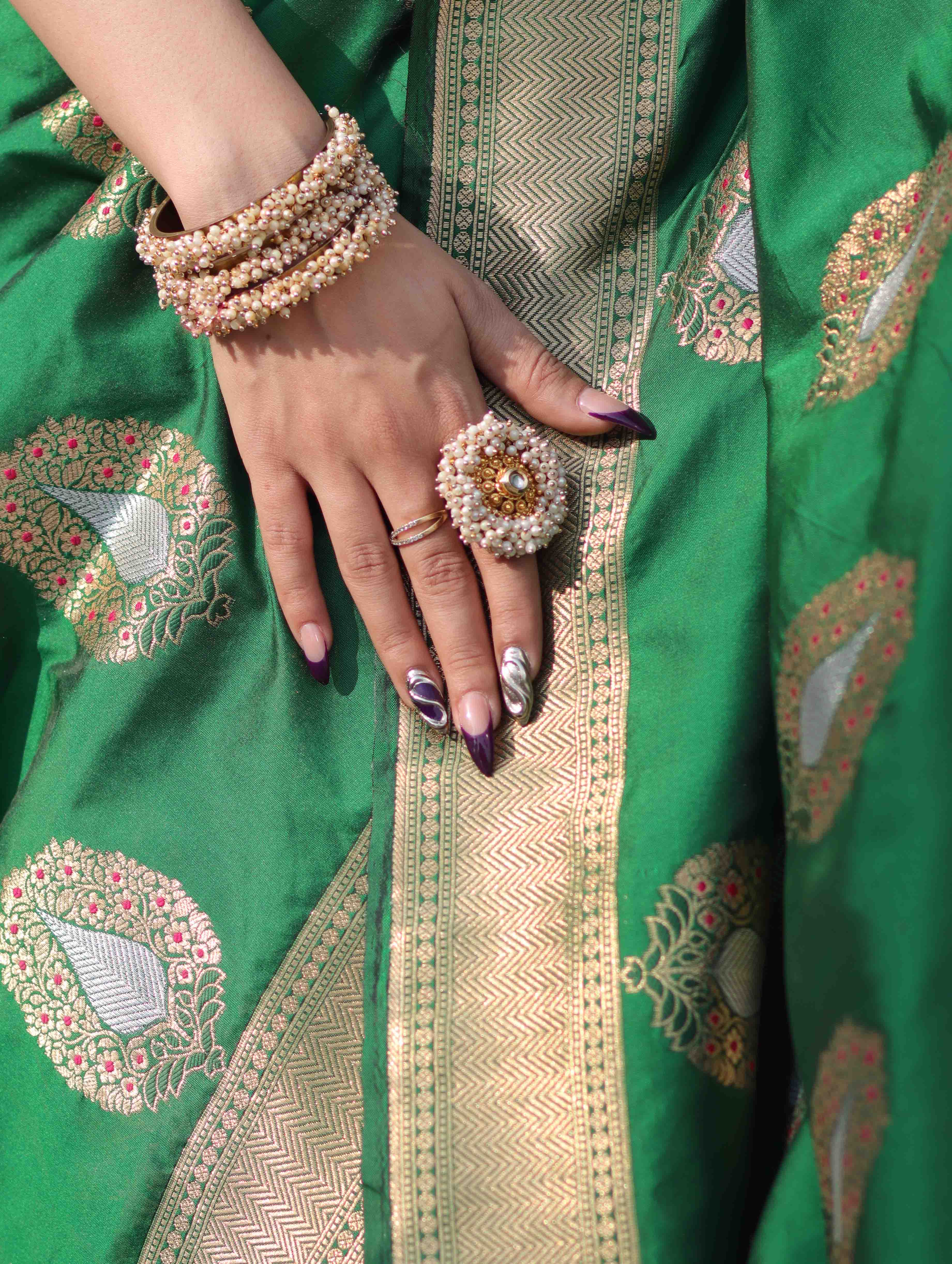 Banarasee Handloom Semi Katan Saree With Zari Buta Work & Border-Green