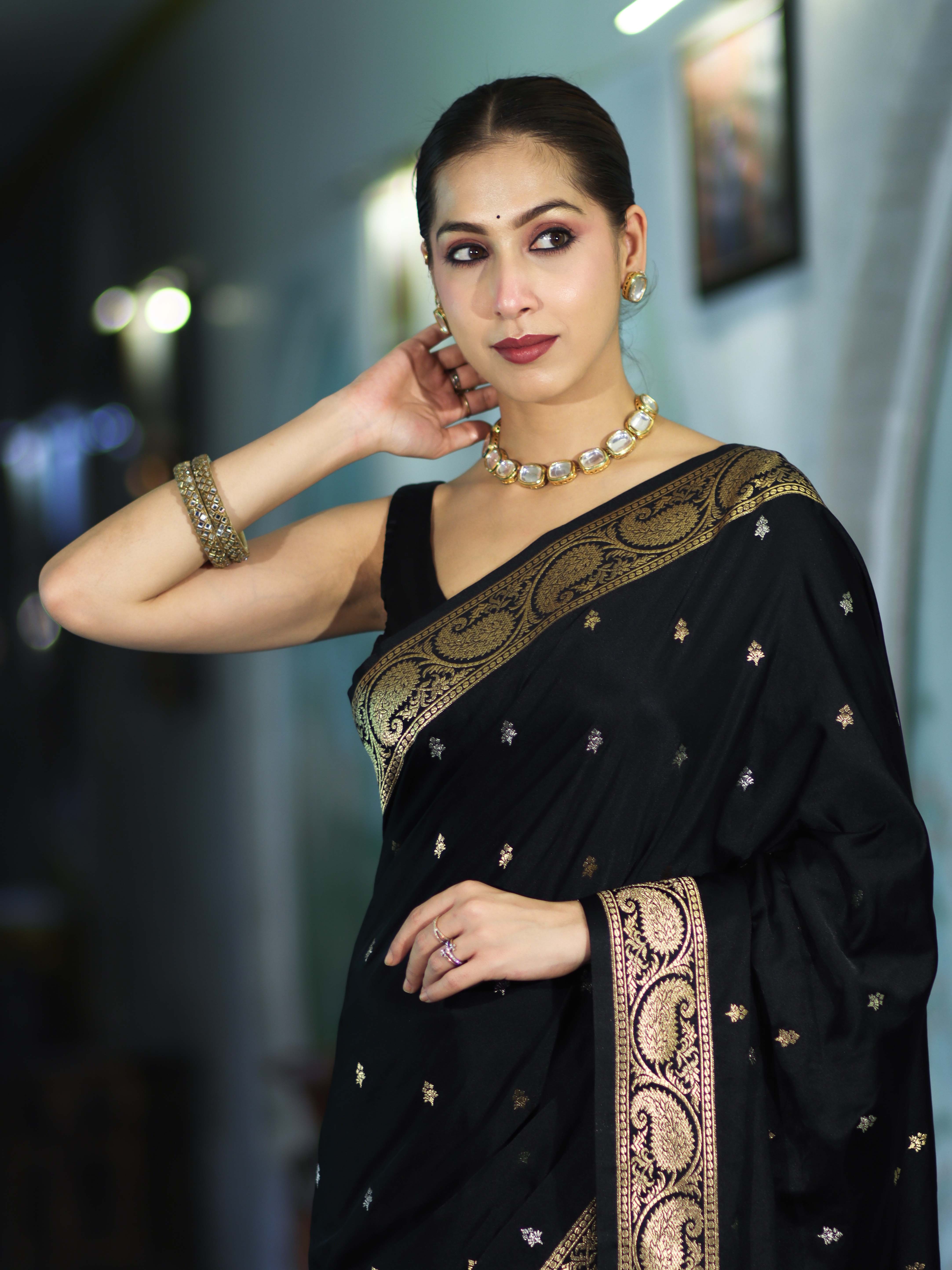 Banarasee Mashru Silk Saree With Zari Motifs & Floral Border-Black