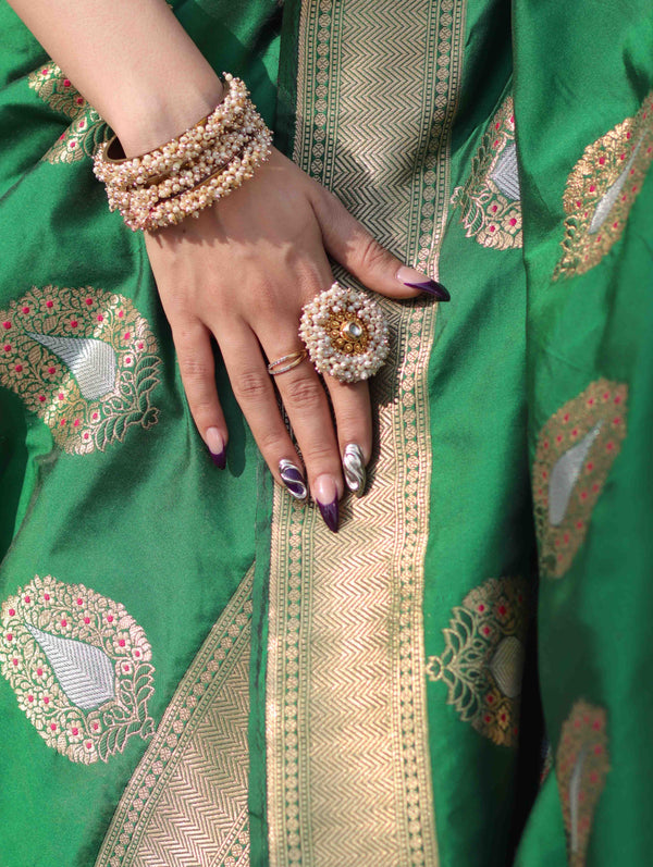 Banarasee Handloom Semi Katan Saree With Zari Buta Work & Border-Green