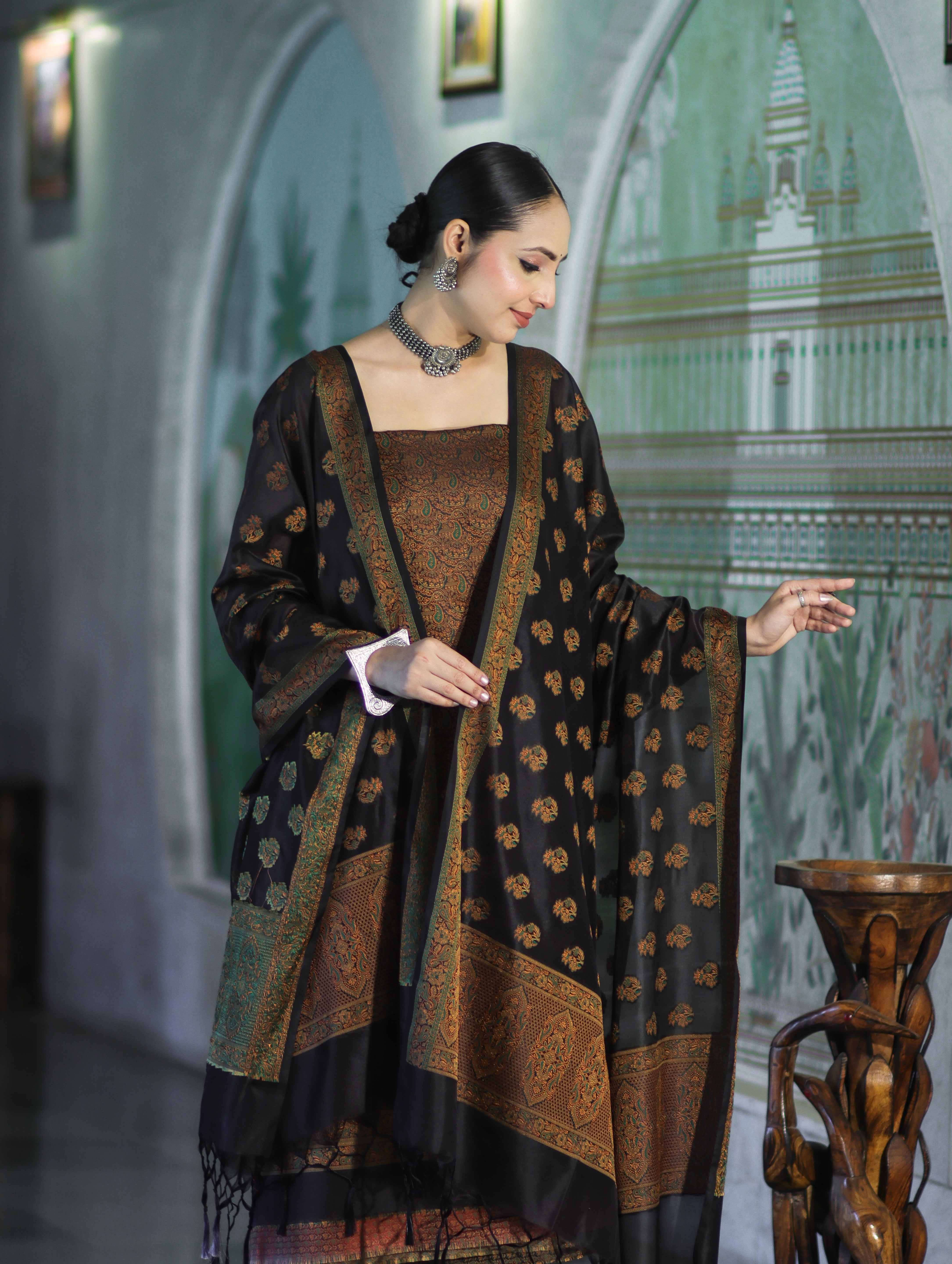 Banarasee Semi Katan Jamewar Weaving Salwar Kameez Fabric With Dupatta Set-Black