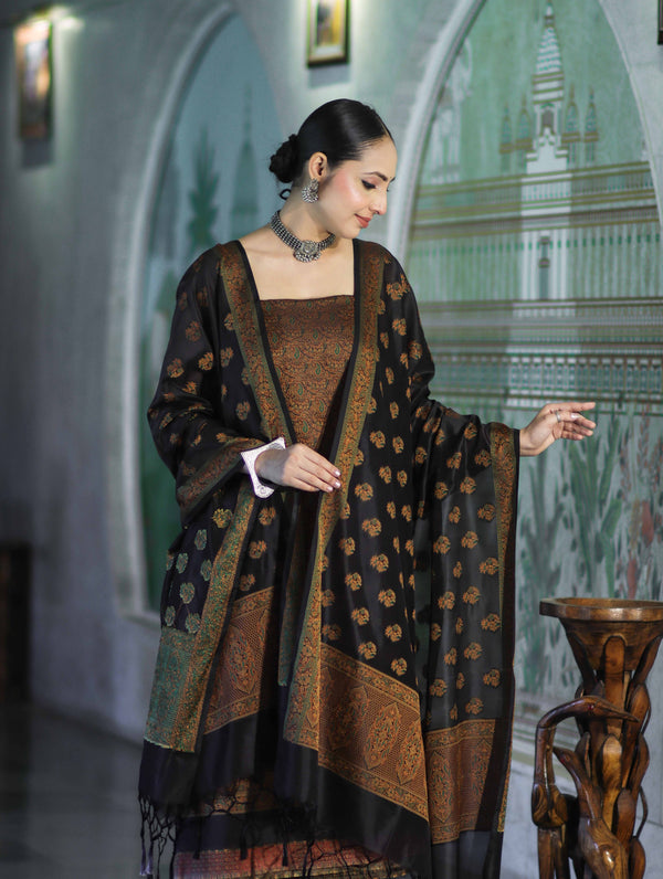 Banarasee Semi Katan Jamewar Weaving Salwar Kameez Fabric With Dupatta Set-Black