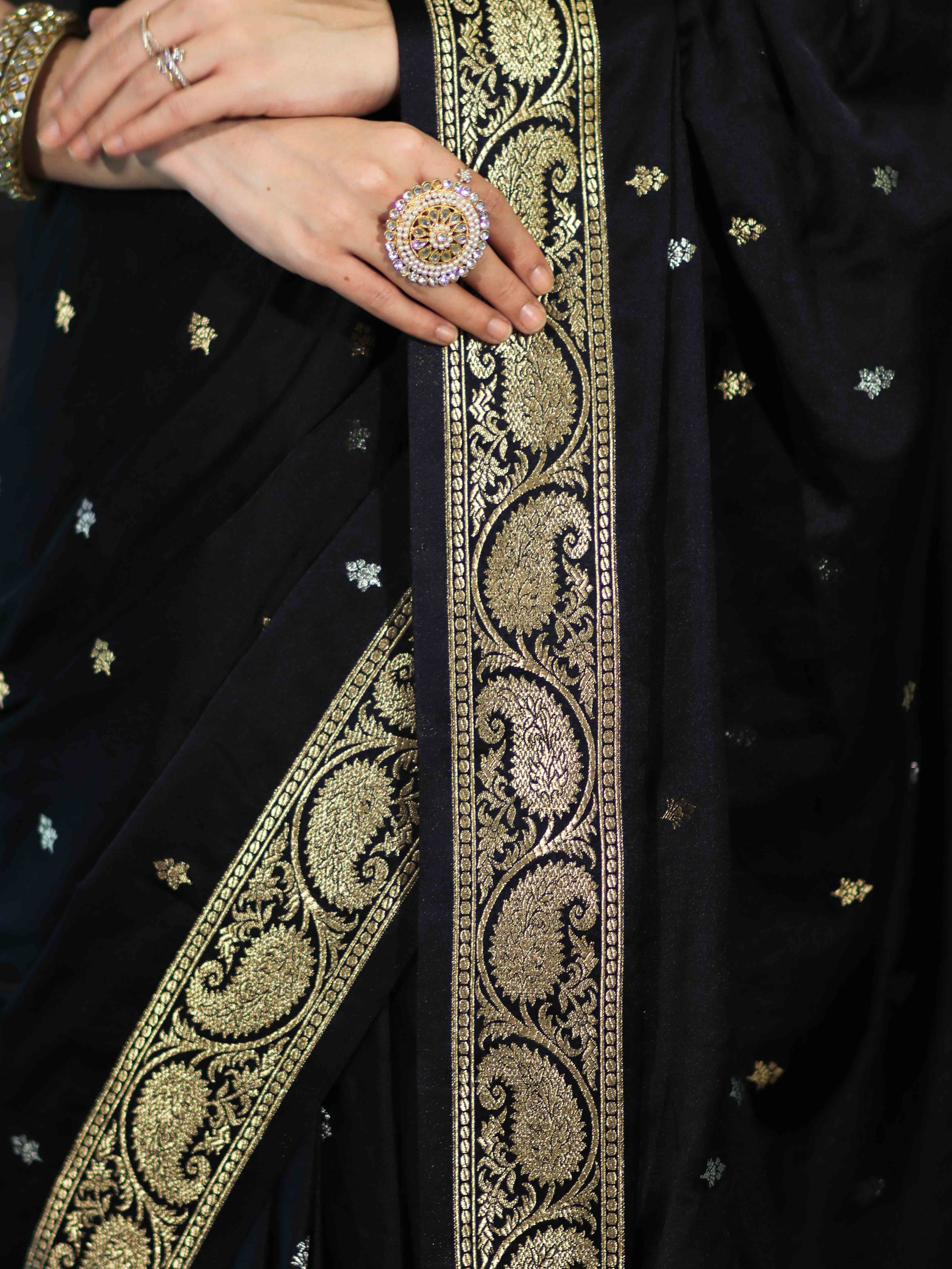 Banarasee Mashru Silk Saree With Zari Motifs & Floral Border-Black