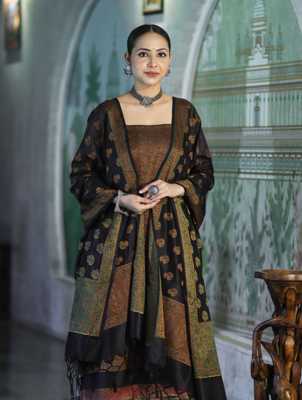 Banarasee Semi Katan Jamewar Weaving Salwar Kameez Fabric With Dupatta Set-Black