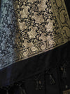 Banarasee Mashru Silk Saree With Zari Motifs & Floral Border-Black