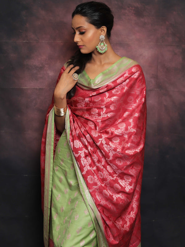 Banarasee Salwar Kameez Semi Katan Silk Fabric With Zari Work-Green & Red