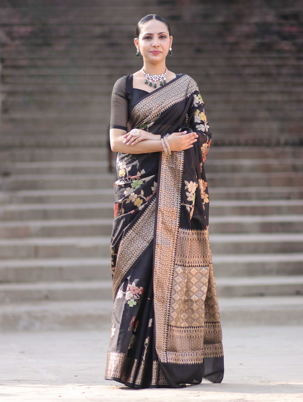 Banarasee Semi Chiffon Saree With Floral Zari Work & Border-Black