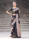 Banarasee Semi Chiffon Saree With Floral Zari Work & Border-Black