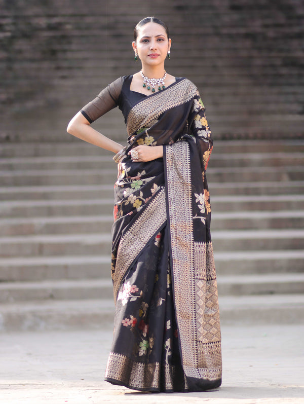 Banarasee Semi Chiffon Saree With Floral Zari Work & Border-Black