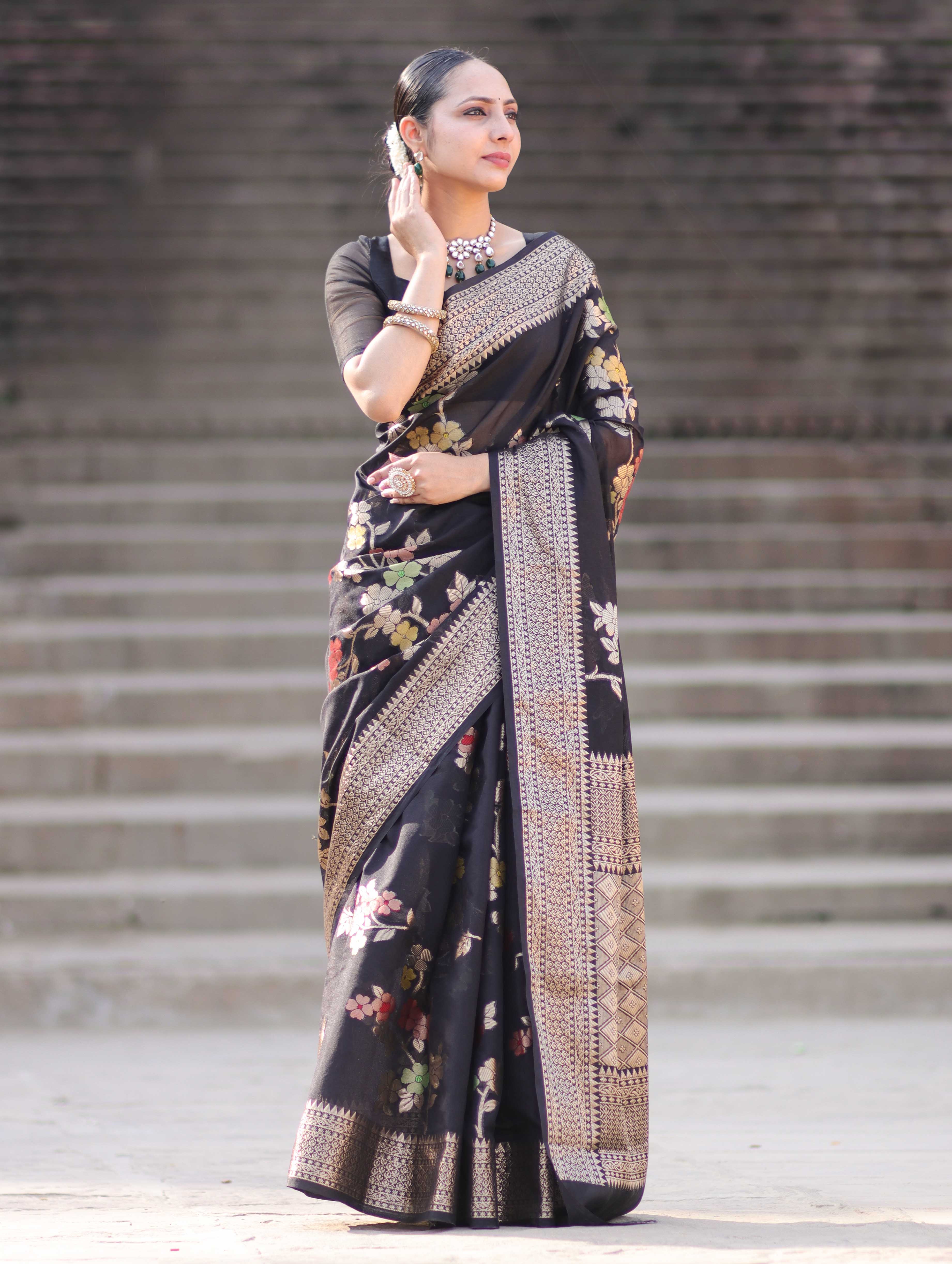 Banarasee Semi Chiffon Saree With Floral Zari Work & Border-Black
