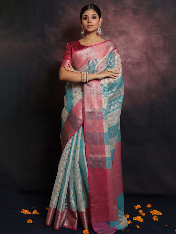 Banarasee Organza Mix Saree With Jaal Design & Floral Border-White & Blue