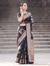 Banarasee Semi Chiffon Saree With Floral Zari Work & Border-Black
