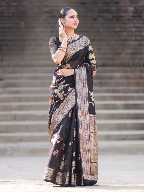 Banarasee Semi Chiffon Saree With Floral Zari Work & Border-Black