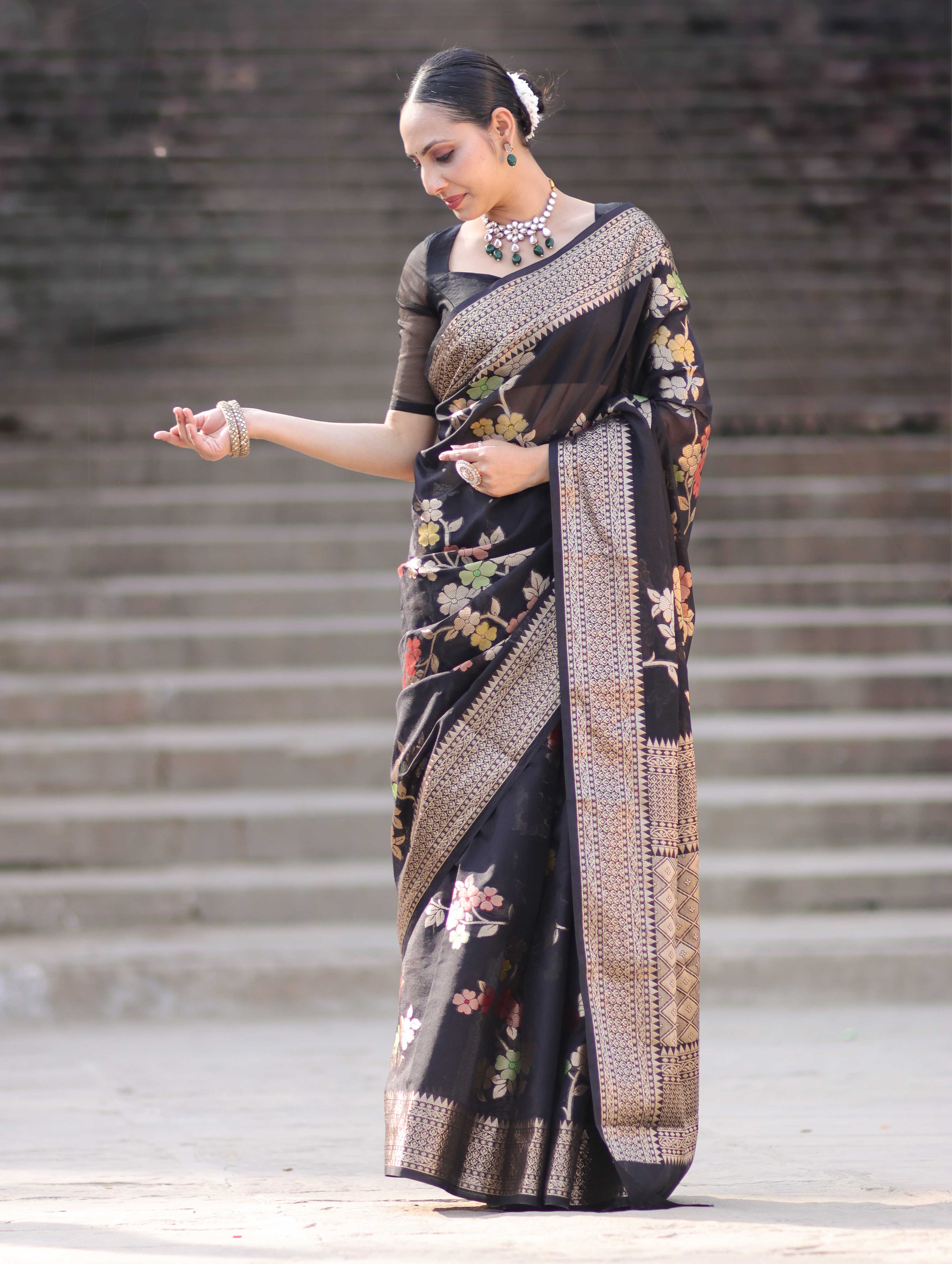 Banarasee Semi Chiffon Saree With Floral Zari Work & Border-Black