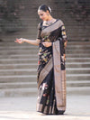 Banarasee Semi Chiffon Saree With Floral Zari Work & Border-Black
