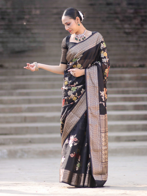 Banarasee Semi Chiffon Saree With Floral Zari Work & Border-Black