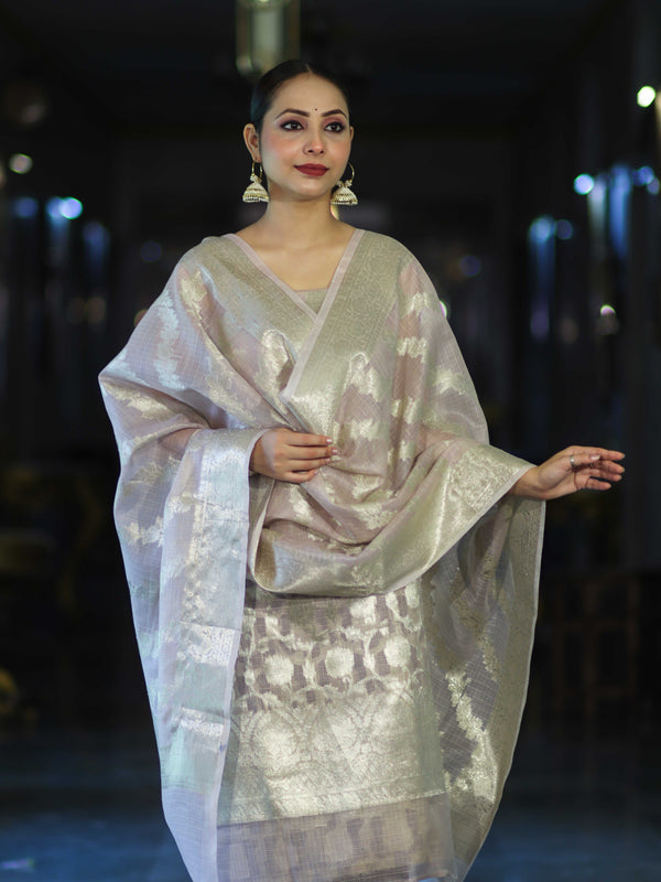 Banarasee Cotton Silk Kota Check Zari Work Salwar Kameez Fabric With Dupatta Set-Dusty Pink