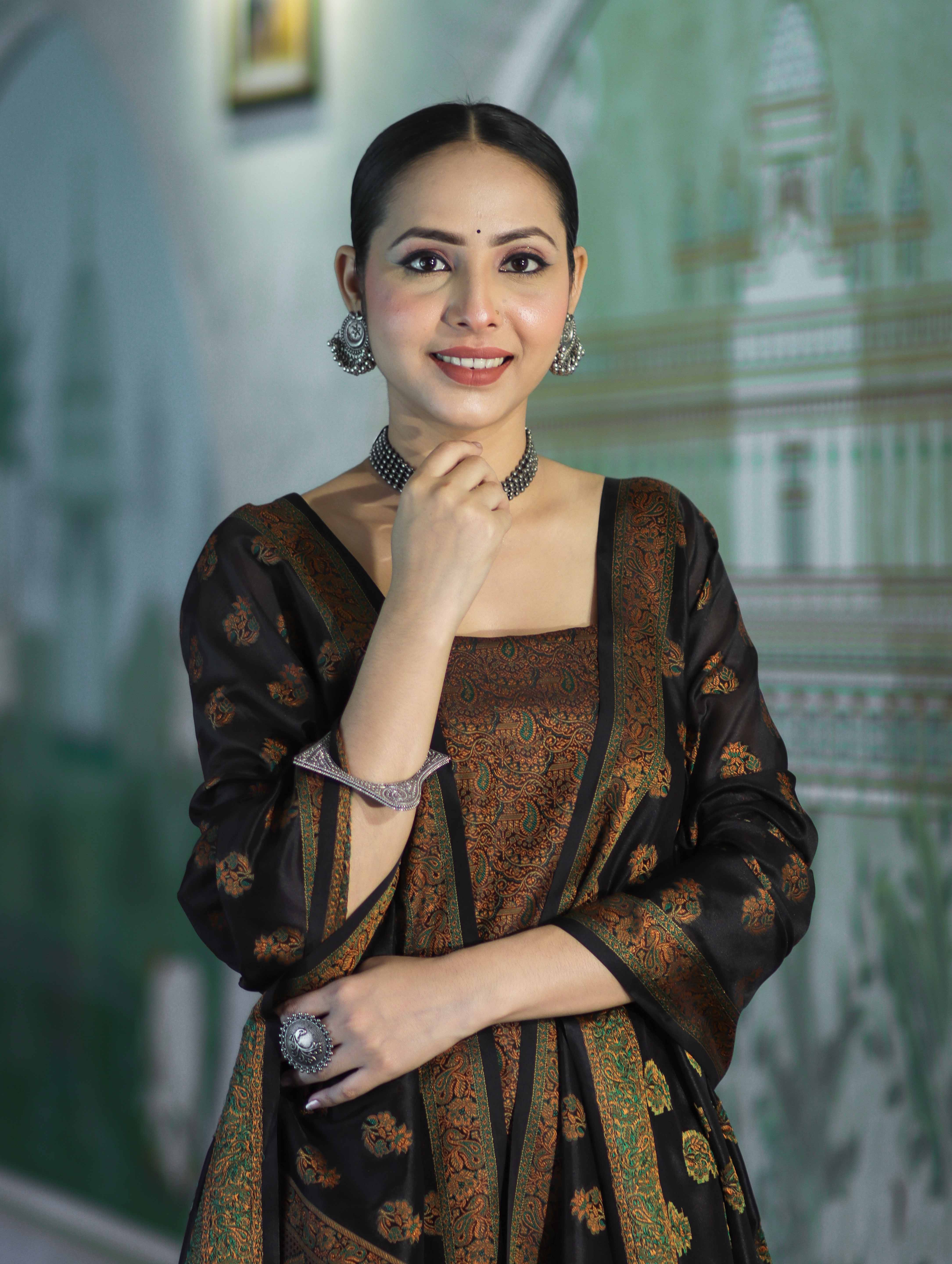 Banarasee Semi Katan Jamewar Weaving Salwar Kameez Fabric With Dupatta Set-Black