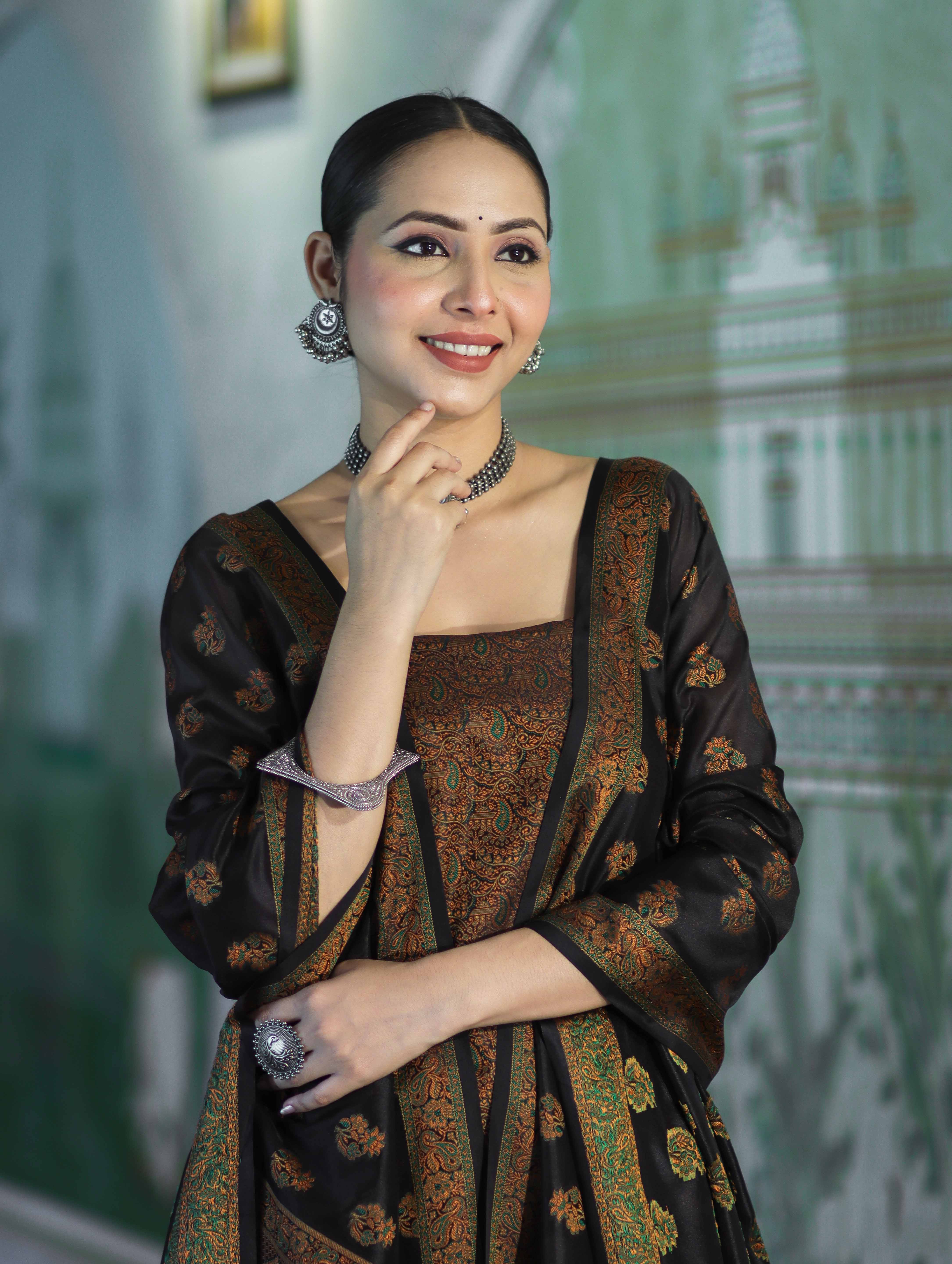 Banarasee Semi Katan Jamewar Weaving Salwar Kameez Fabric With Dupatta Set-Black