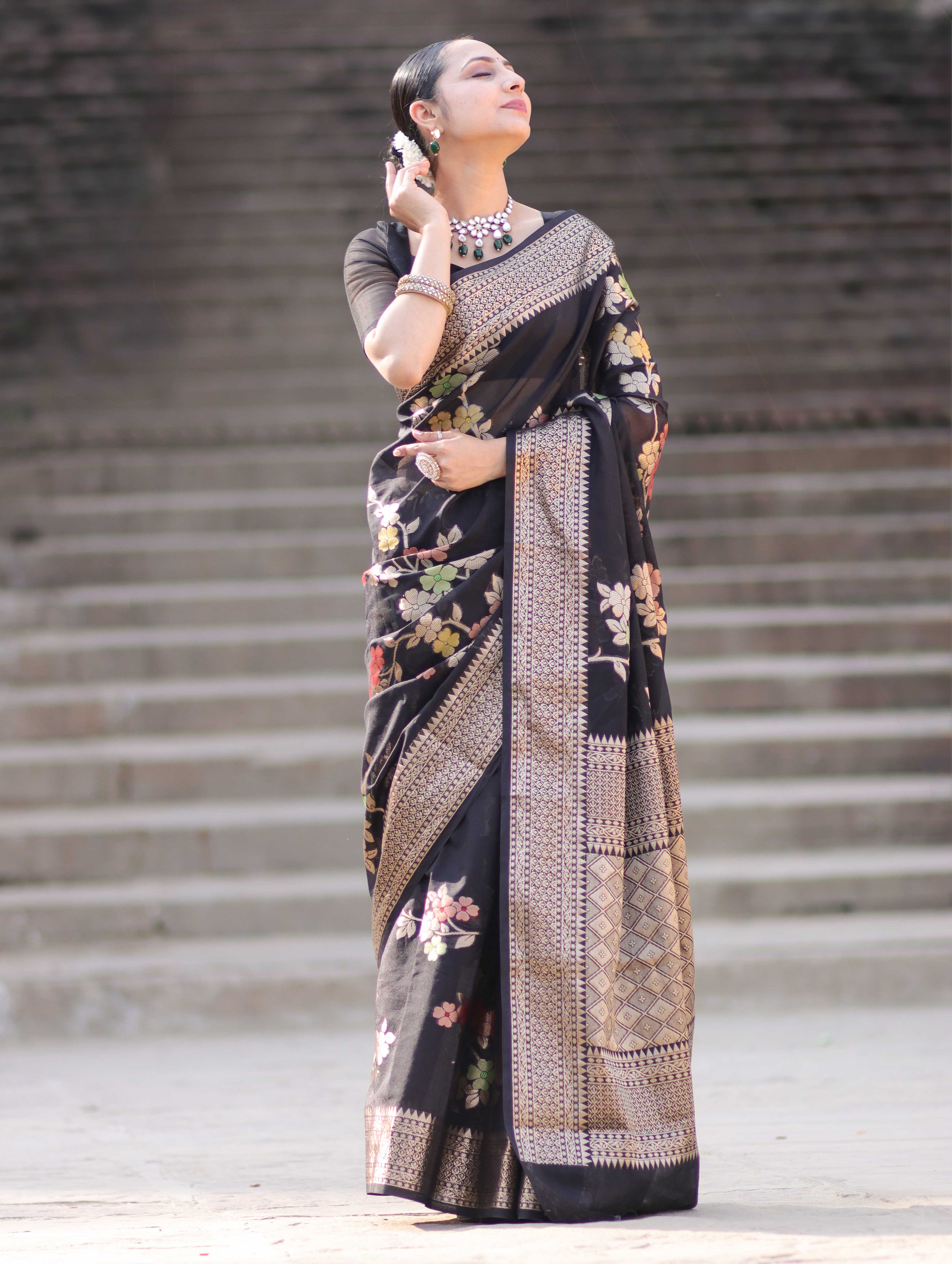 Banarasee Semi Chiffon Saree With Floral Zari Work & Border-Black