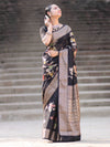 Banarasee Semi Chiffon Saree With Floral Zari Work & Border-Black