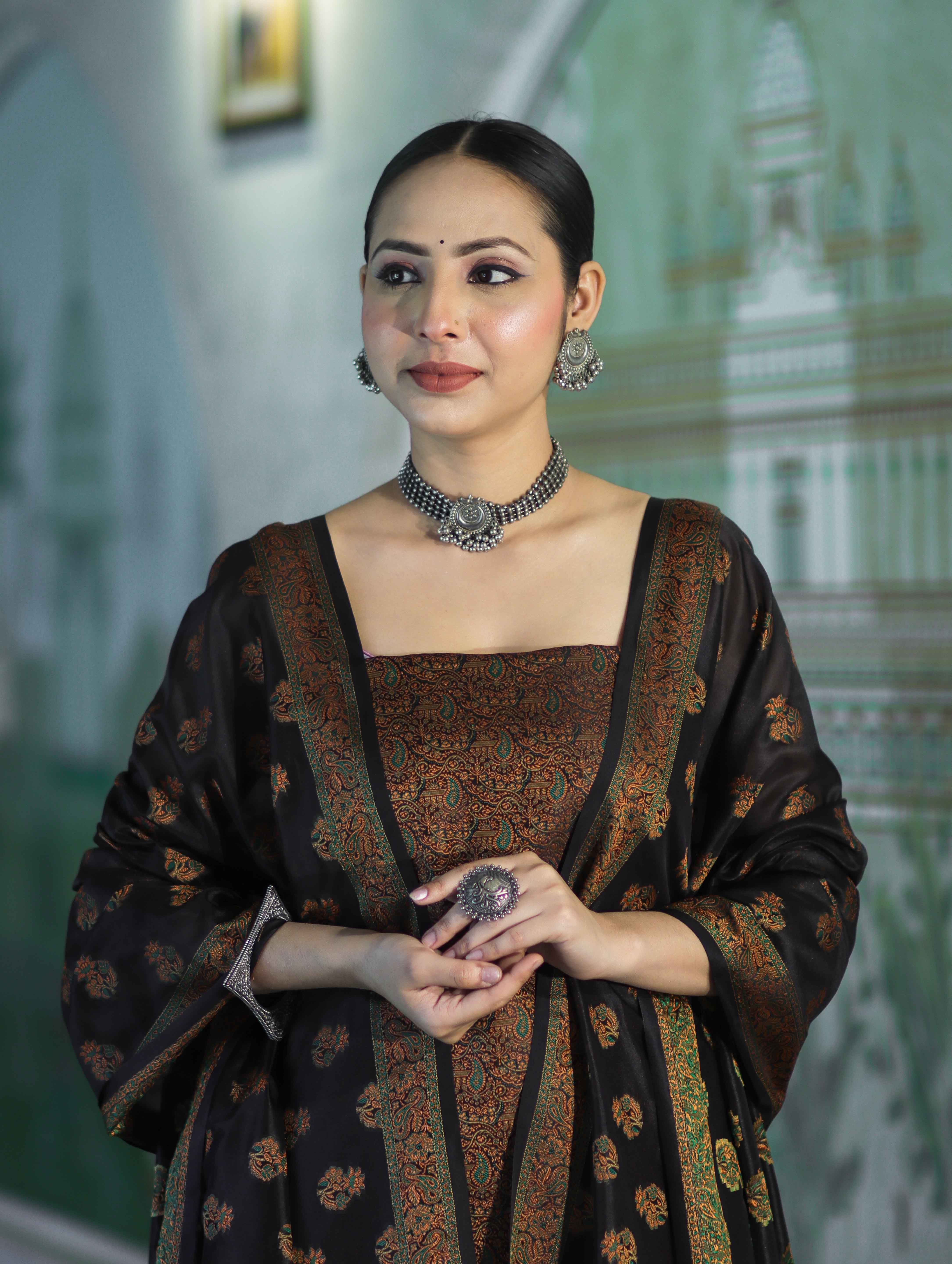 Banarasee Semi Katan Jamewar Weaving Salwar Kameez Fabric With Dupatta Set-Black