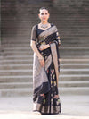 Banarasee Semi Chiffon Saree With Floral Zari Work & Border-Black