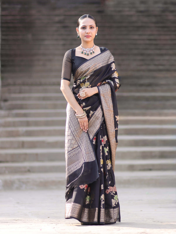 Banarasee Semi Chiffon Saree With Floral Zari Work & Border-Black