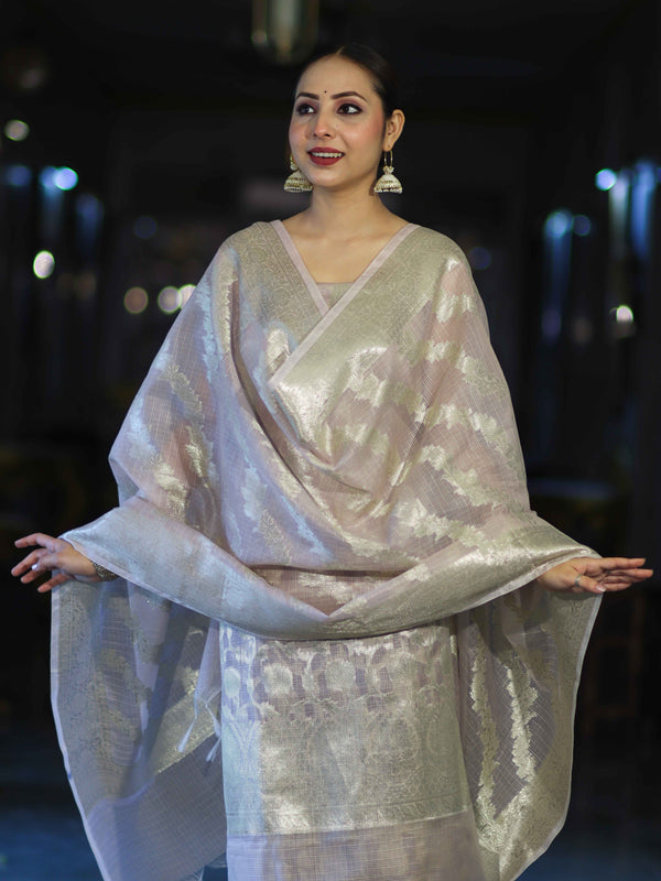 Banarasee Cotton Silk Kota Check Zari Work Salwar Kameez Fabric With Dupatta Set-Dusty Pink