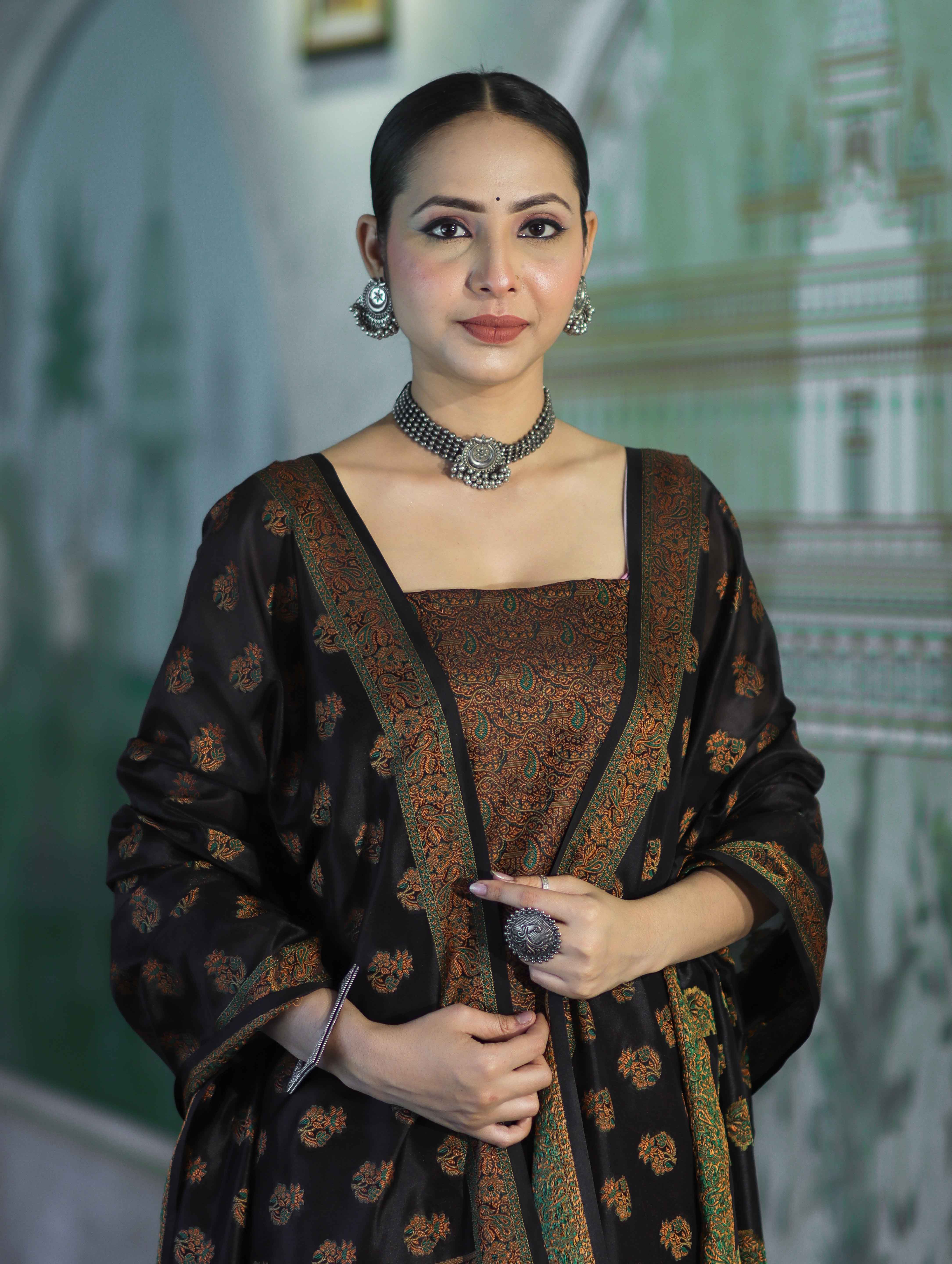 Banarasee Semi Katan Jamewar Weaving Salwar Kameez Fabric With Dupatta Set-Black