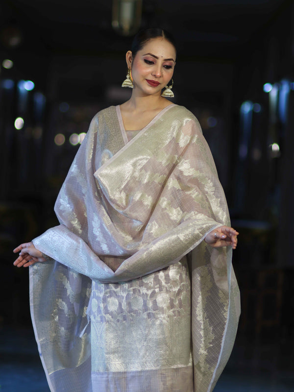 Banarasee Cotton Silk Kota Check Zari Work Salwar Kameez Fabric With Dupatta Set-Dusty Pink