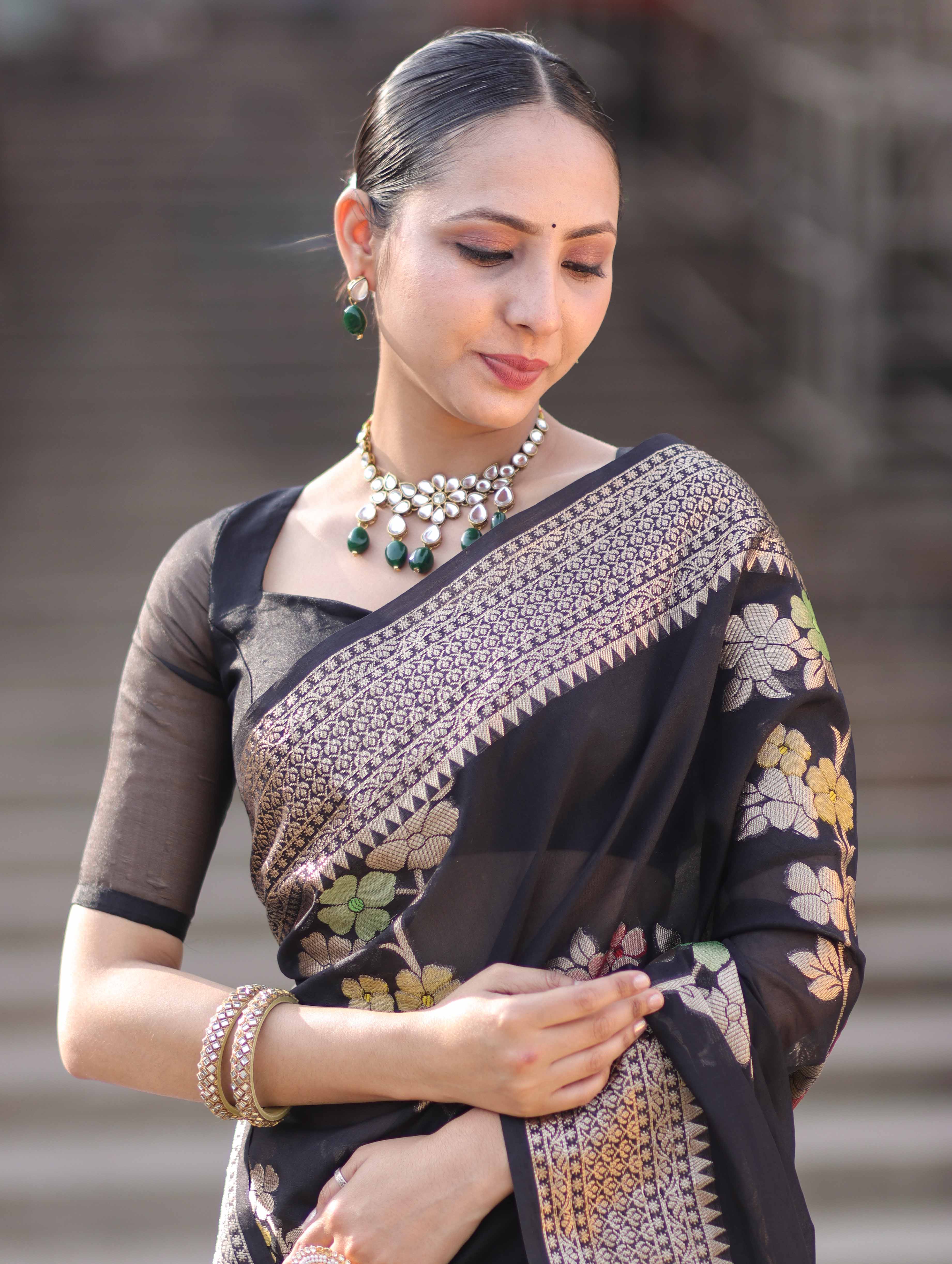 Banarasee Semi Chiffon Saree With Floral Zari Work & Border-Black