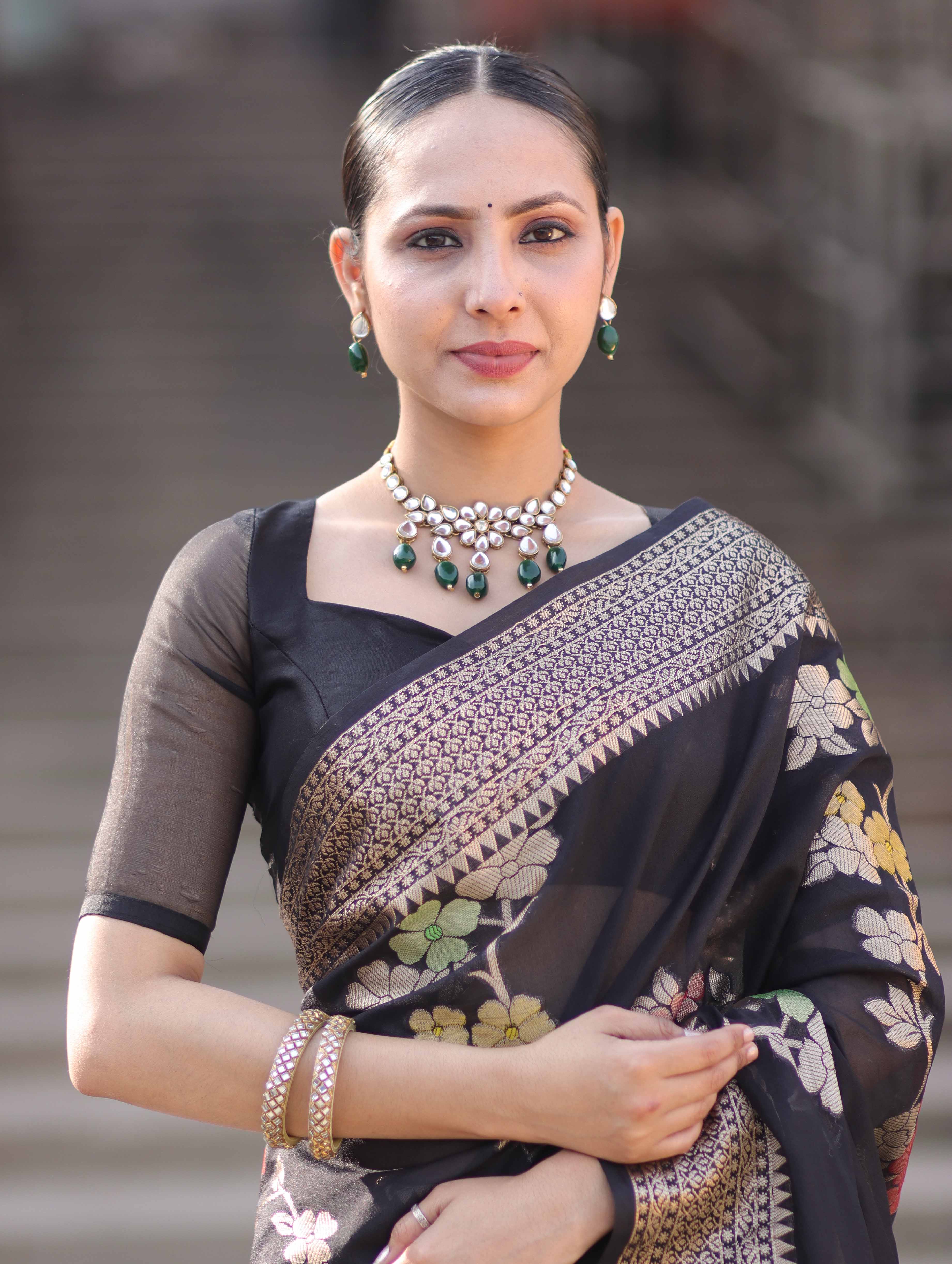 Banarasee Semi Chiffon Saree With Floral Zari Work & Border-Black