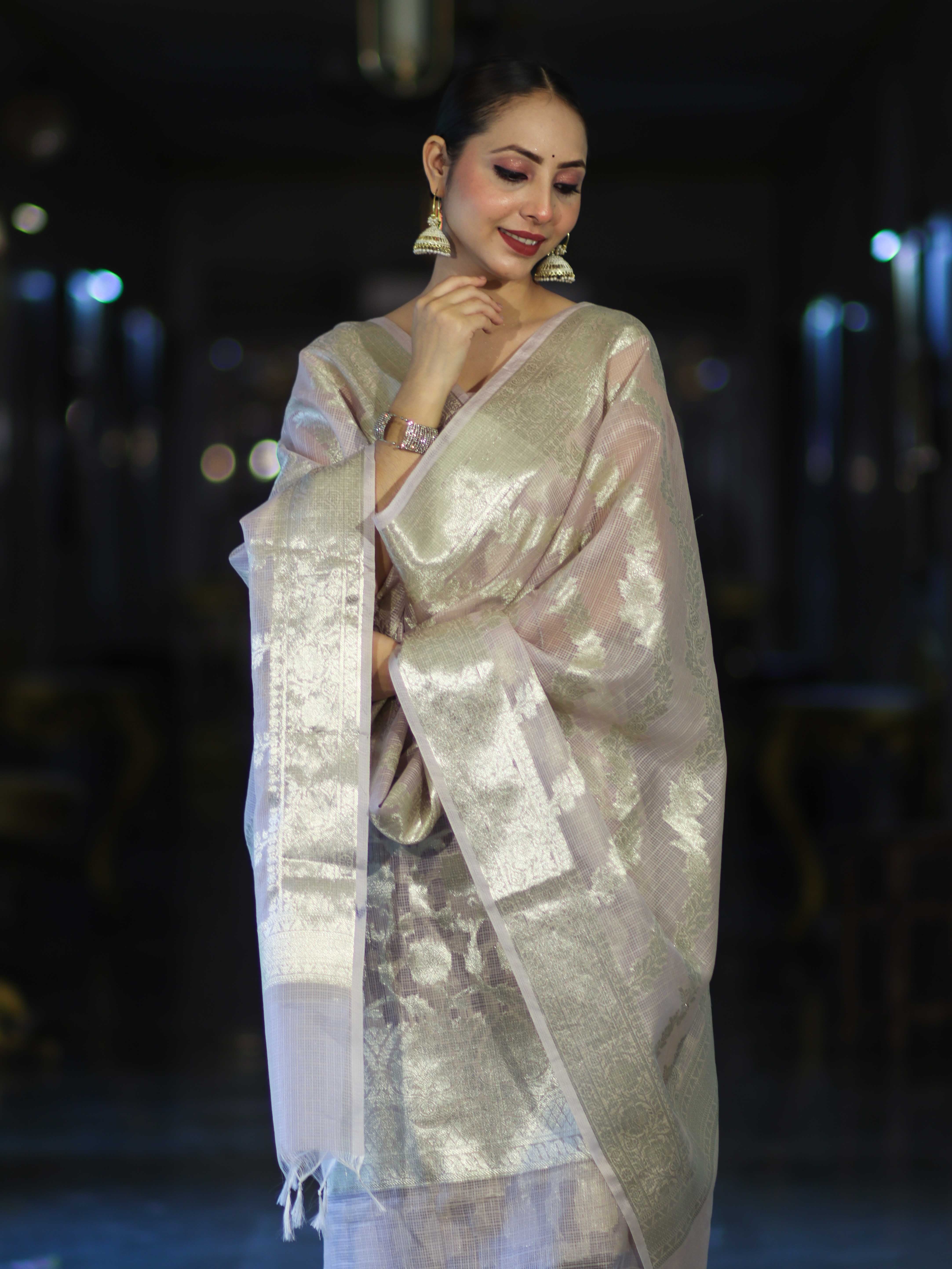 Banarasee Cotton Silk Kota Check Zari Work Salwar Kameez Fabric With Dupatta Set-Dusty Pink