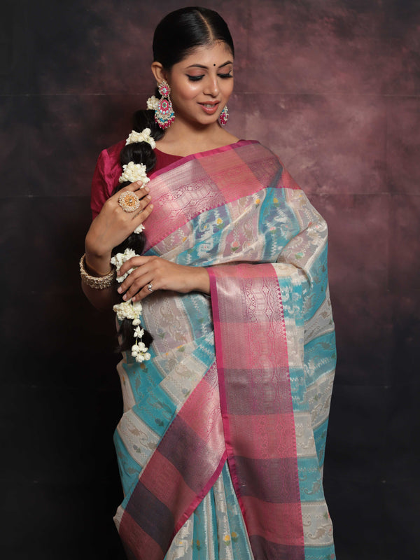 Banarasee Organza Mix Saree With Jaal Design & Floral Border-White & Blue
