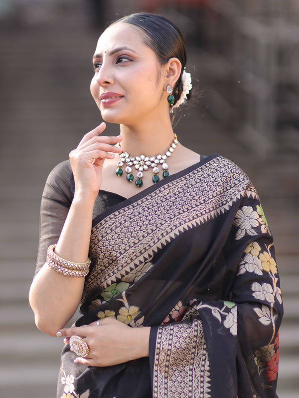 Banarasee Semi Chiffon Saree With Floral Zari Work & Border-Black