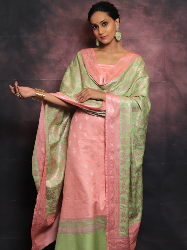 Banarasee Salwar Kameez Semi Katan Silk Fabric With Zari Work-Pink & Green