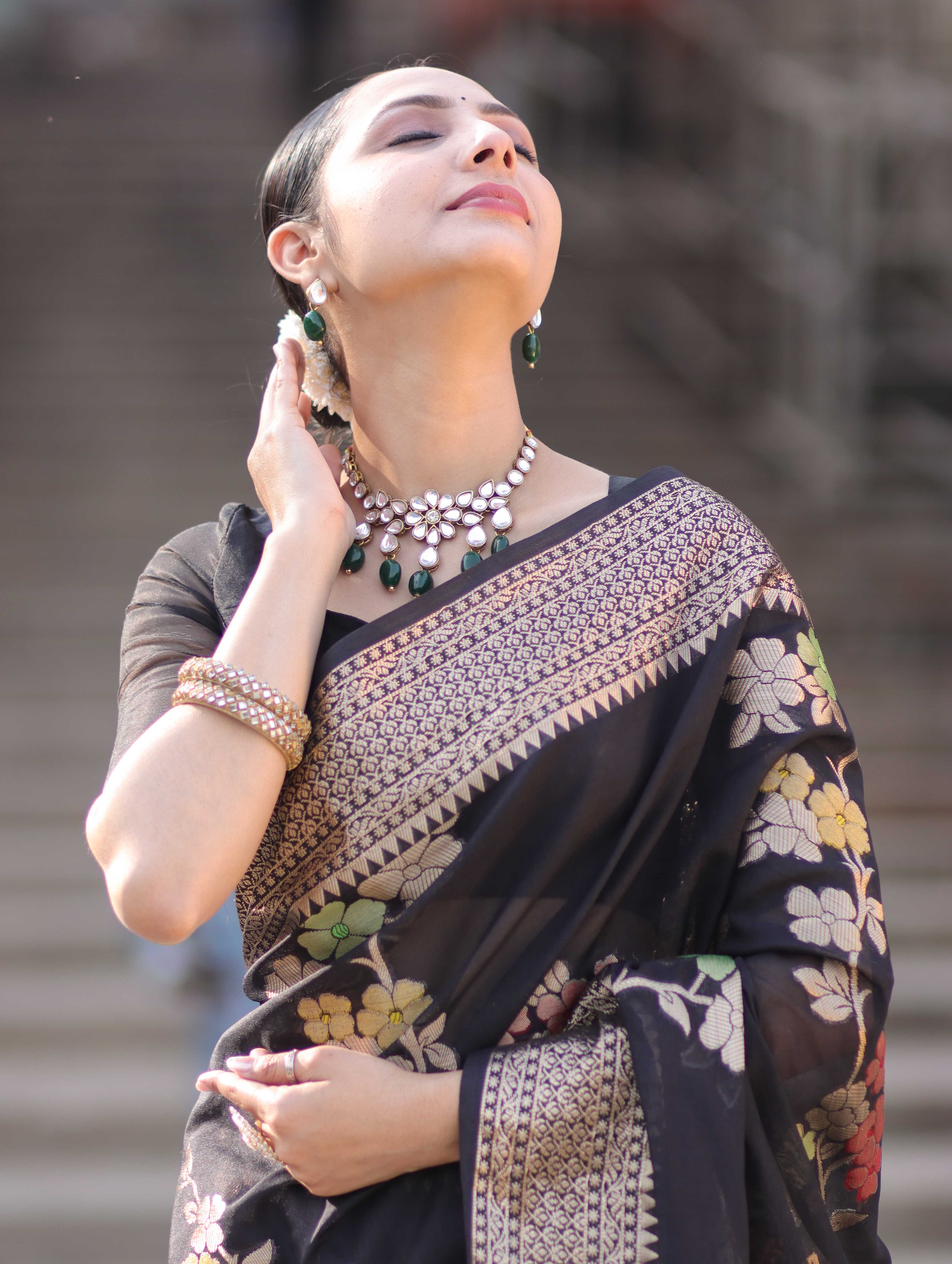 Banarasee Semi Chiffon Saree With Floral Zari Work & Border-Black