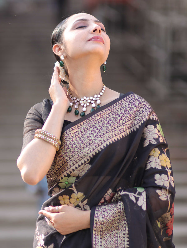 Banarasee Semi Chiffon Saree With Floral Zari Work & Border-Black