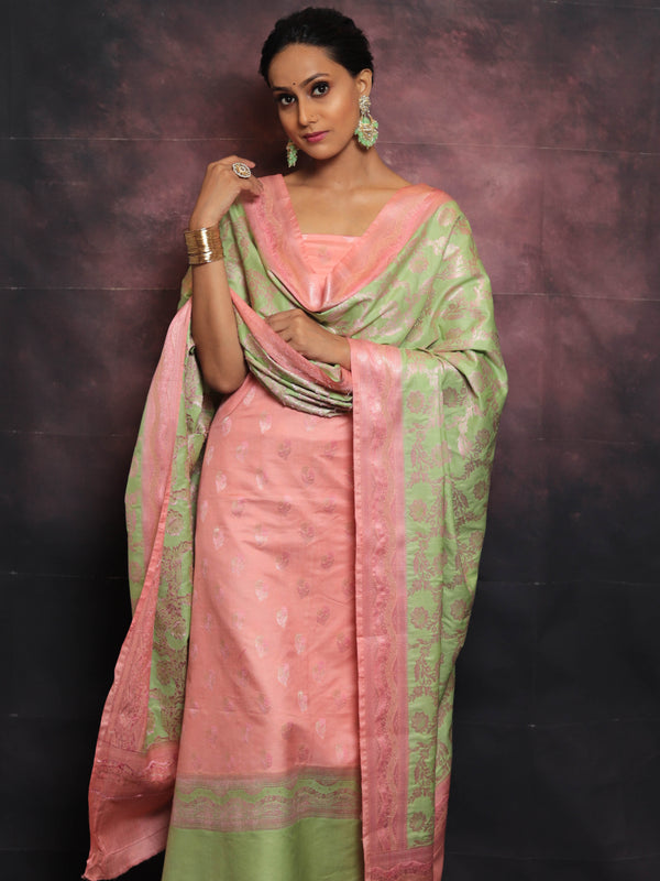 Banarasee Salwar Kameez Semi Katan Silk Fabric With Zari Work-Pink & Green
