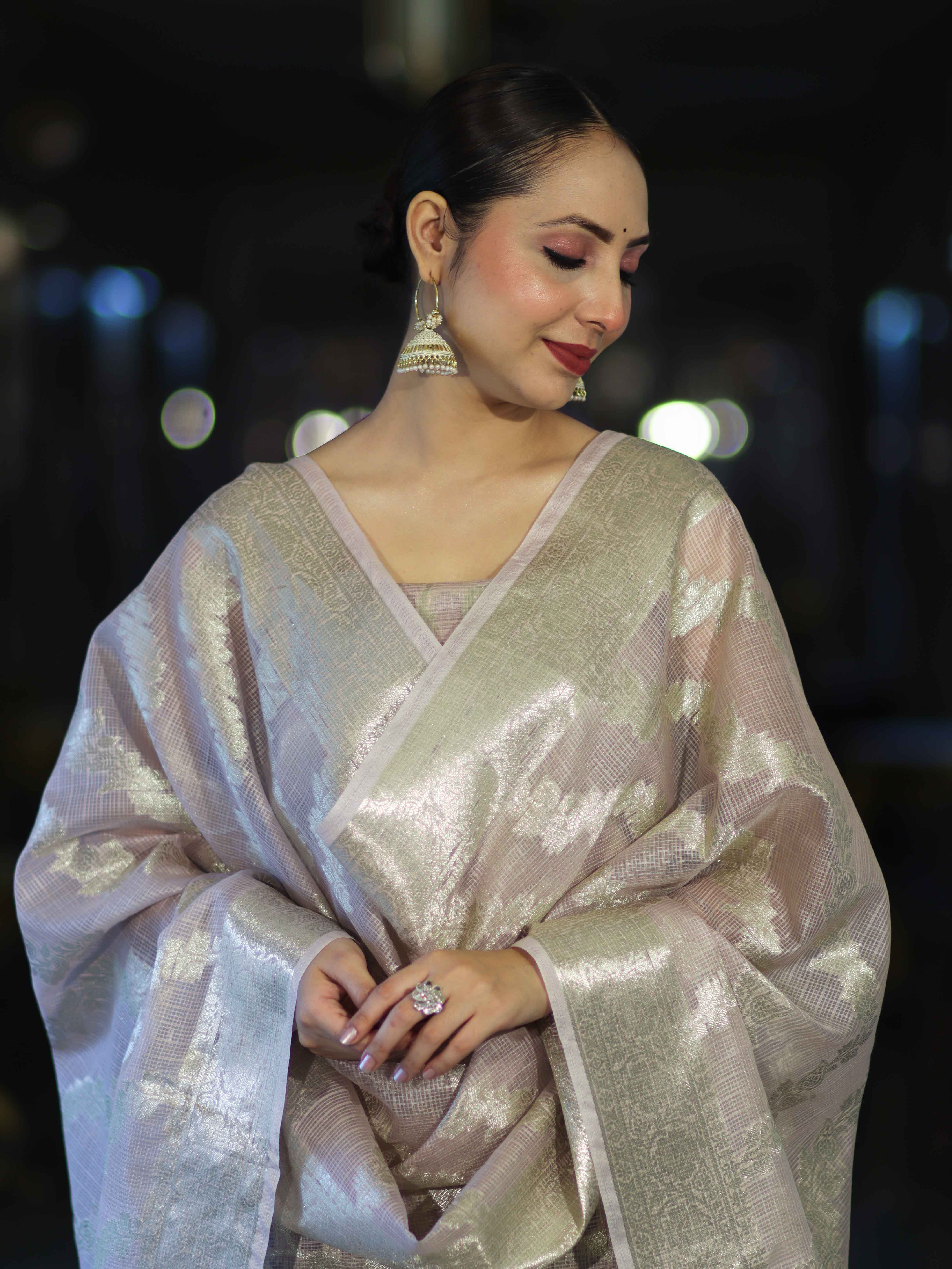 Banarasee Cotton Silk Kota Check Zari Work Salwar Kameez Fabric With Dupatta Set-Dusty Pink