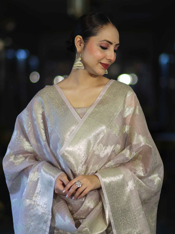 Banarasee Cotton Silk Kota Check Zari Work Salwar Kameez Fabric With Dupatta Set-Dusty Pink