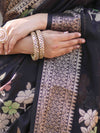 Banarasee Semi Chiffon Saree With Floral Zari Work & Border-Black