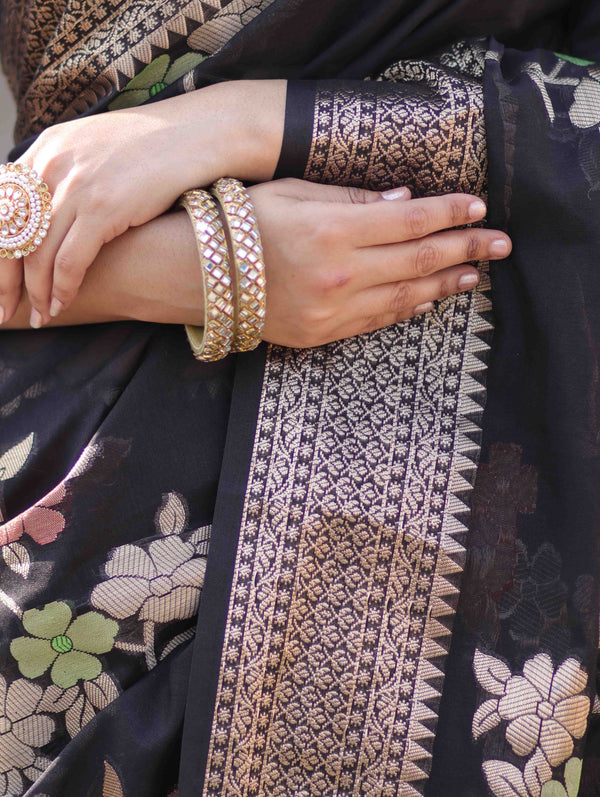Banarasee Semi Chiffon Saree With Floral Zari Work & Border-Black