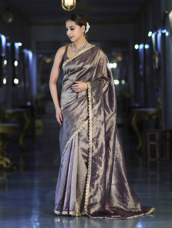 Banarasee Handwoven Tissue Saree With Handwoven Pearl Motifs & Lace-Mauve