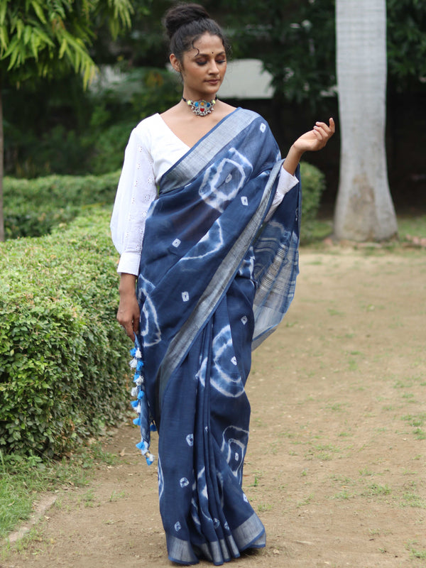Bhagalpur Handloom Pure Linen Cotton Hand-Dyed Shibori Pattern Saree-Blue