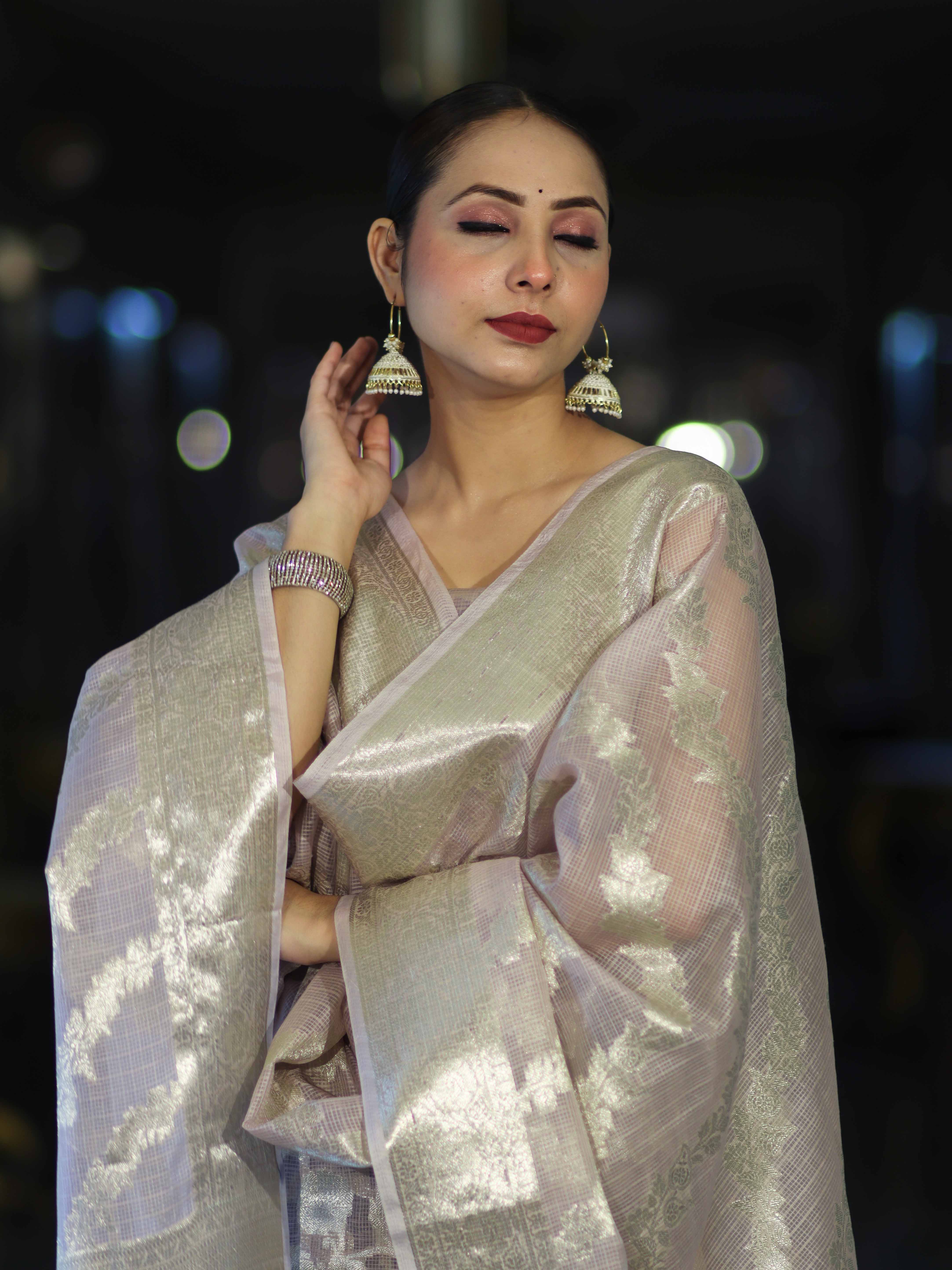 Banarasee Cotton Silk Kota Check Zari Work Salwar Kameez Fabric With Dupatta Set-Dusty Pink