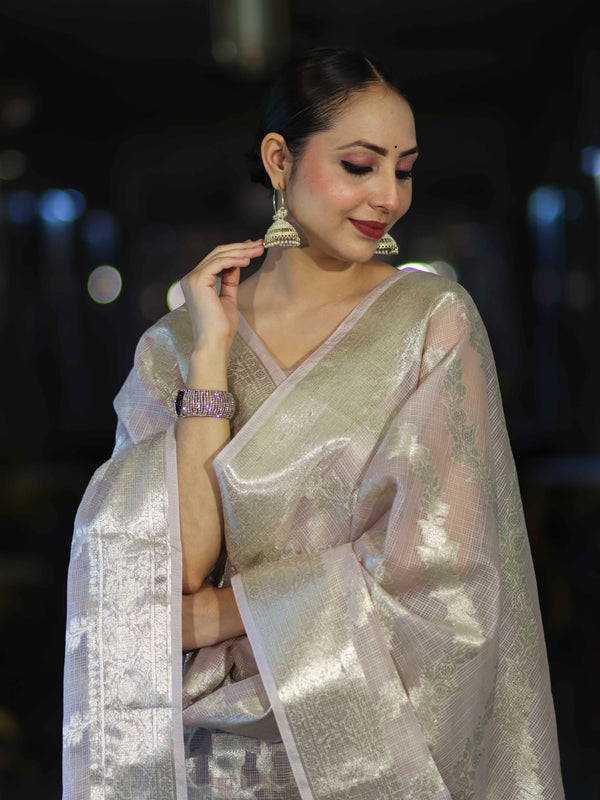 Banarasee Cotton Silk Kota Check Zari Work Salwar Kameez Fabric With Dupatta Set-Dusty Pink
